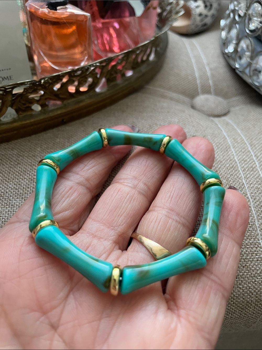 ✨Turquoise Bamboo-Style Gold Accent Stretch Bracelet✨NEW